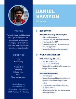 Free  Template: Blue Clean Professional IT Resume Template