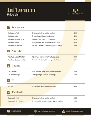 Free  Template: Influencer Price List Template