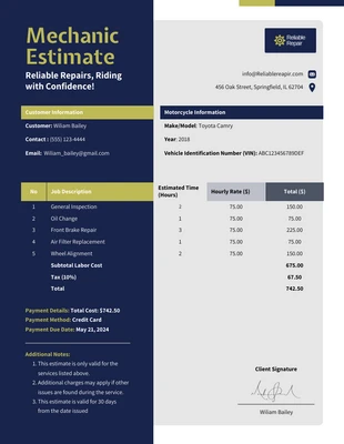 business  Template: Mechanic Estimate Template