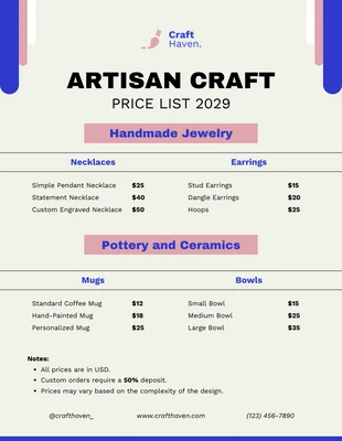 Free  Template: Artisan Craft Price List Template