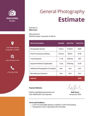 Free  Template: General Photography Estimate Template