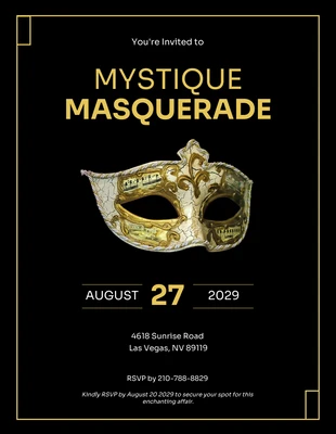 Free  Template: Black And Gold Simple Masquerade Invitation