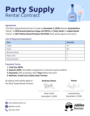 Free  Template: Party Supply Rental Contract Template