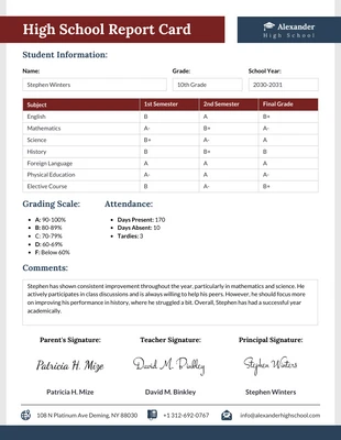 Free  Template: High School Report Card Template