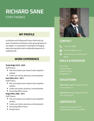 Free  Template: Green Black Minimalist Finance CV Resume Template