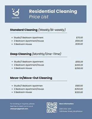 Free  Template: Simple Blue Residential Cleaning Price List Template