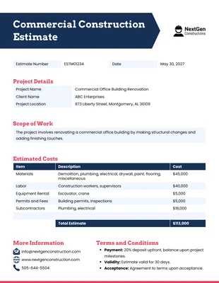 business  Template: Commercial Construction Estimate Template