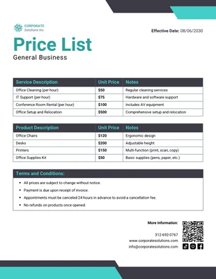 Free interactive Template: General Business Price List Template