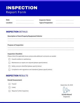 Free  Template: Dark Blue Inspection Report Form Template