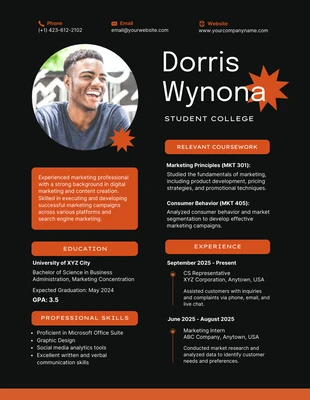 Free  Template: Black Orange College Student Resume Template