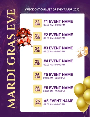 Free  Template: Purple Modern Mardi Gras Event Schedule Template