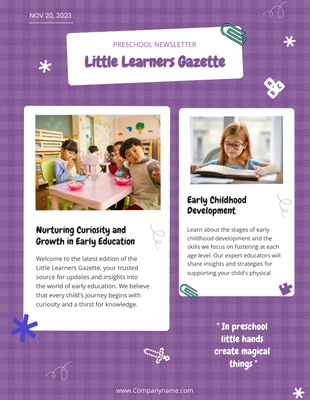 Free  Template: Purple Preschool Gazette Newsletter Template