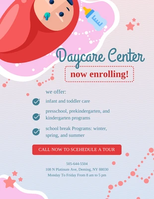 Free  Template: Cute Daycare Center Now Enrolling Flyer Template