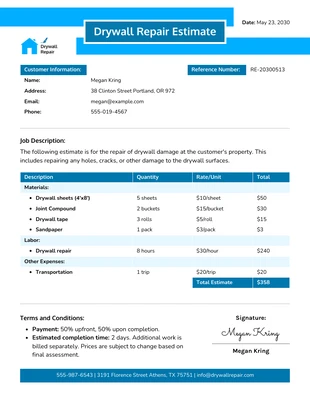 Free  Template: Drywall Repair Estimate Template