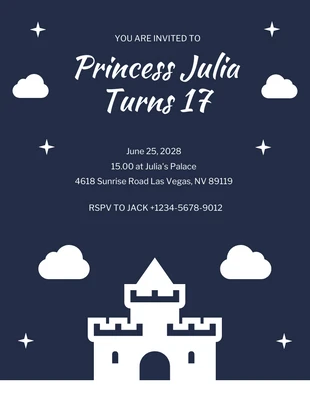 Free  Template: Navy And White Minimalist Playful Illustration Castle Princess Invitation