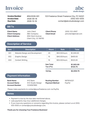 Free  Template: Simple Blue Freelance Invoice Template