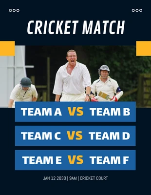 Free  Template: Dark Blue Simple Playful Cricket Match Schedule Template