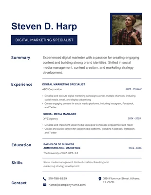 Free  Template: Blue White Modern Digital Marketing Resume Template