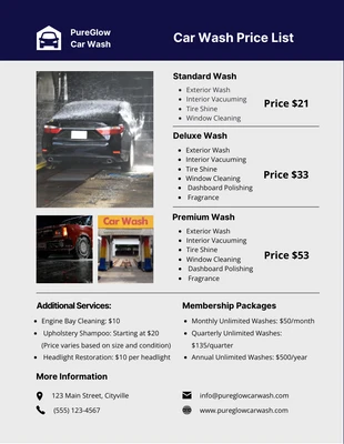 Free  Template: Simple Car Wash Price List Template