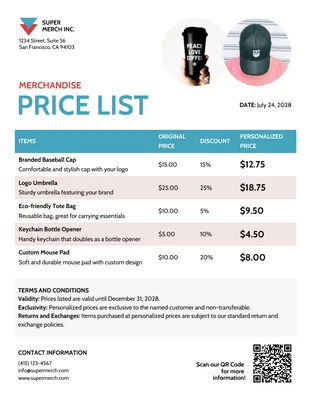 Free  Template: Merchandise Price List Template