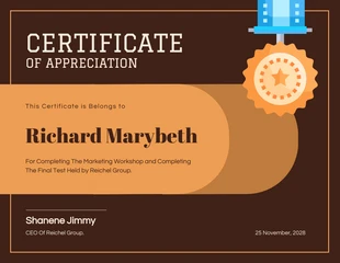 Free  Template: Dark Brown Marketing Workshop Appreciation Certificate Template