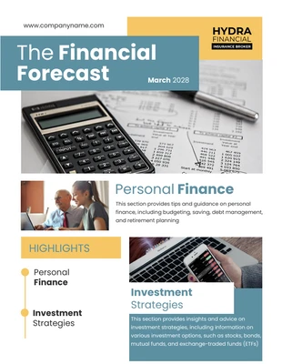 Free  Template: Teal Yellow Financial Forecast Newsletter Template