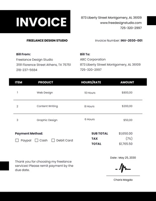 Free  Template: Black White Minimalist Freelance Invoice Template