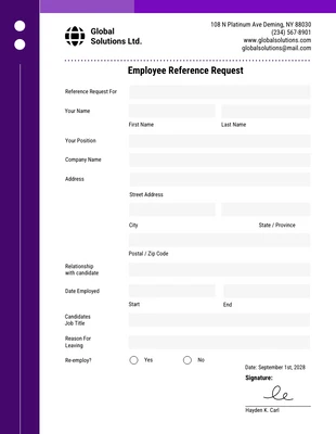 Free  Template: Windsor Employee Reference Request Form Template