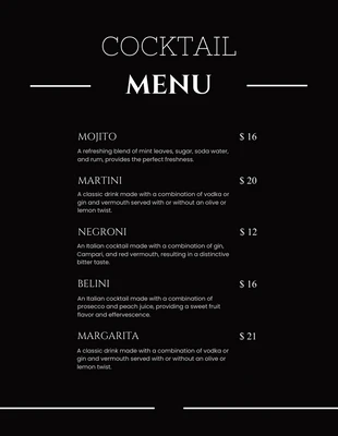 Free  Template: Black & White Simple Minimalist Design Cocktail Menu