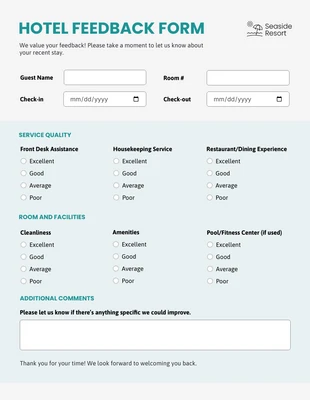 business interactive Template: White and Teal Minimalist Hotel Feedback Forms