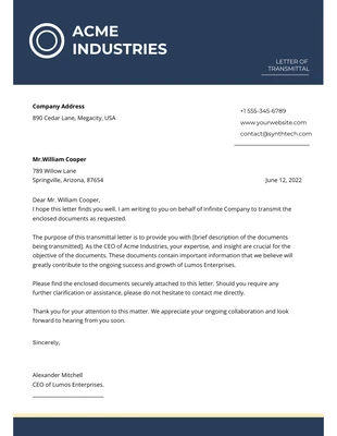 Free  Template: Dark Blue Modern Transmittal Letter