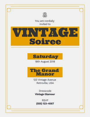 Free  Template: Simple Grey Yellow Vintage Soiree Invitation