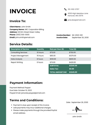 business  Template: White Viridian Self-employed Invoice Template