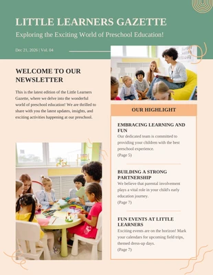 Free  Template: Green Beige Abstract Preschool Newsletter Template