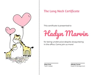 Free  Template: White Illustration Long Neck Funny Certificate Template