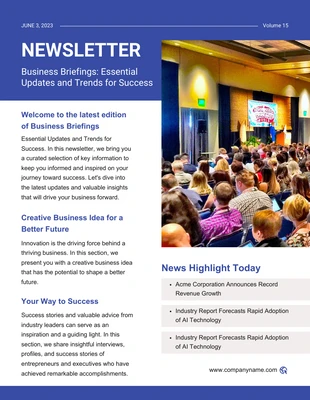 Free  Template: Blue Modern Business Briefings Company Newsletter Template