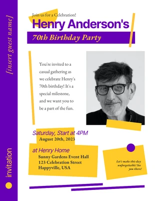 Free  Template: Simple Playful Yellow Purple 70Th Birthday Invitation