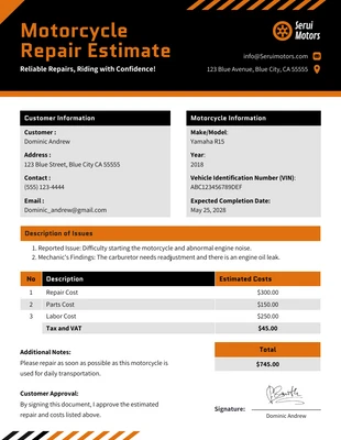 Free  Template: Motorcycle Repair Estimate Template