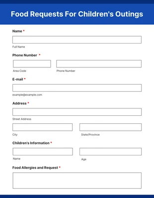 Free  Template: Children Outing Food Request Form Template