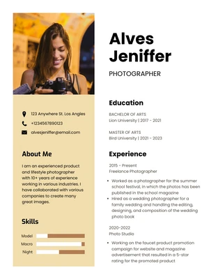 Free  Template: White Yellow Aesthetic Photographer Resume Template