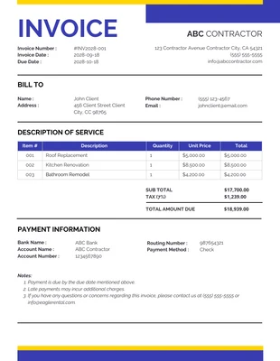 Free  Template: White Blue Contractor Invoice Template