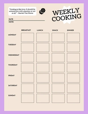 Free  Template: Purple Cream Weekly Food Cooking Checklist Template