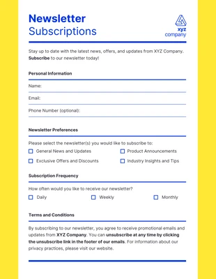 business  Template: Newsletter Subscriptions Form Template