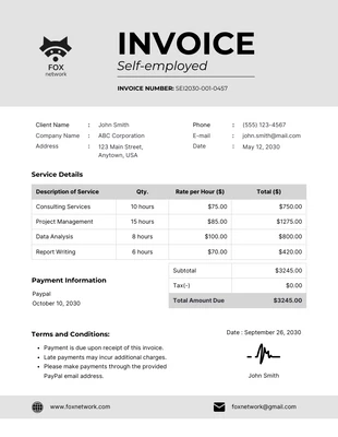 Free  Template: Grey Self-employed Invoice Template