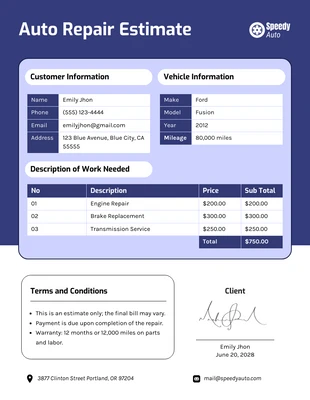 Free  Template: Auto Repair Estimate Template