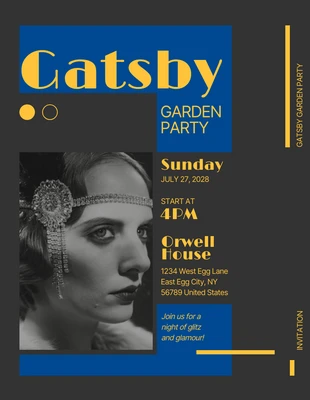 Free  Template: Retro Dark, Yellow & Blue Gatsby Invitation