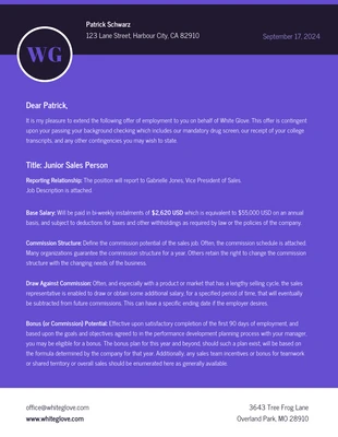 Free  Template: Purple Job Offer Letter Format Template