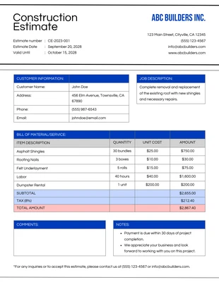 Free  Template: Modern Construction Estimate Template