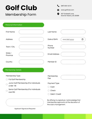 Free interactive Template: Golden Fizz Golf Club Membership Form Template