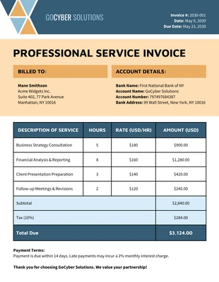 business accessible Template: Professional Services Invoice Table Chart Template